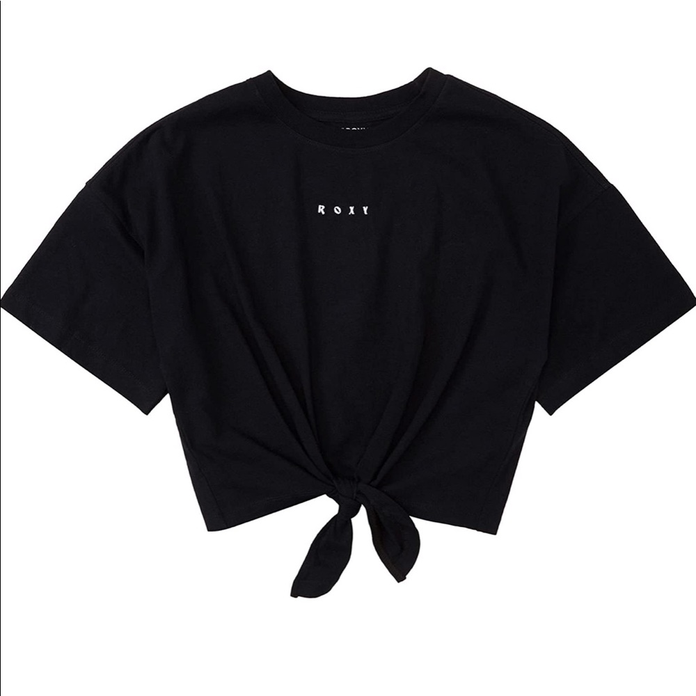NWT ROXY Logo Embroidered Twist Tie-Front Crop T-Shirt in Black and White - Picture 3 of 3